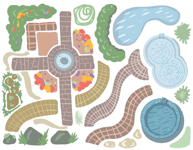 Vector planear paisaje arbustos árboles vista superior de los árboles gráficos color dibujado a mano por separado en un blanco
