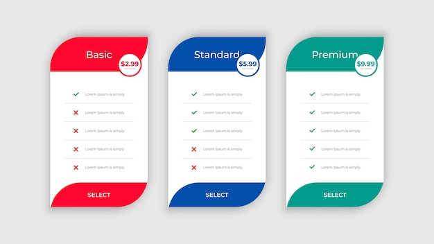 Vector planes con estilo y plantilla de comparación de precios y plantilla de tabla de precios simple y limpia para sitio web