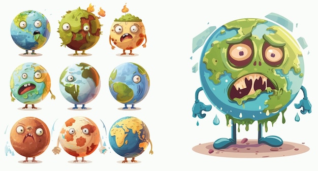 Planeta de contaminación personaje de dibujos animados planetas mascotas con problemas ecológicos sin bosque respirando plástico y contaminación del aire hacen que la tierra enferme y llore