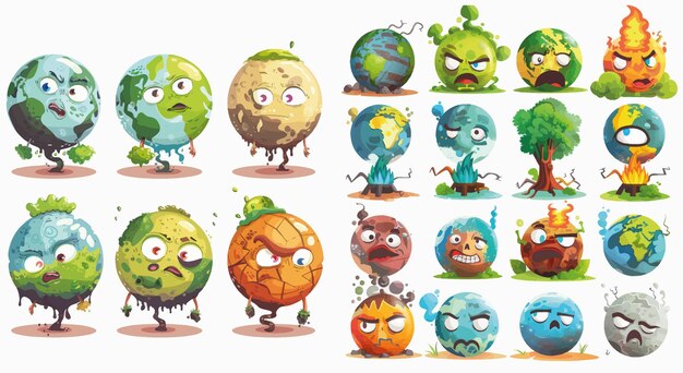 Planeta de contaminación personaje planetas de dibujos animados mascotas con problemas ecológicos sin respiración forestal