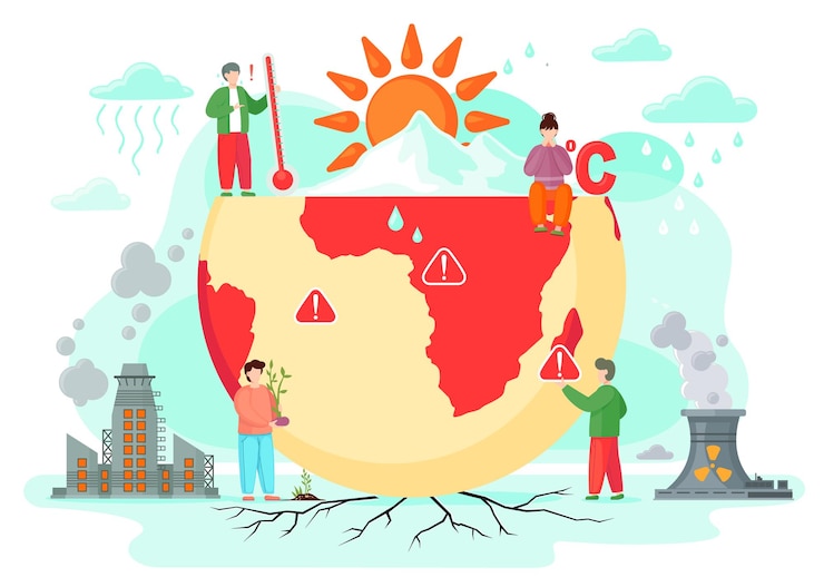 Vector planeta contaminado por la actividad humana alta temperatura del termómetro concepto de calentamiento global