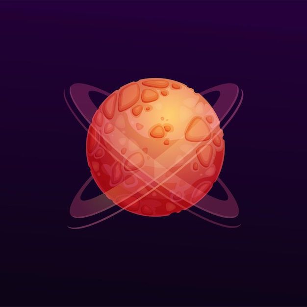 Planeta espacial rojo de dibujos animados con cráteres y anillos