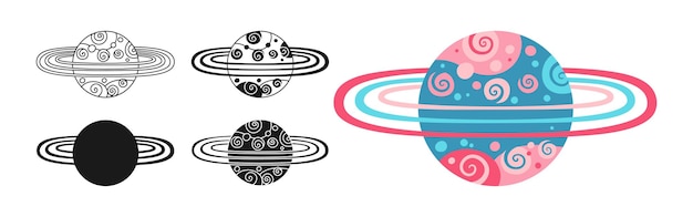 Planeta de fantasía conjunto de dibujos animados fantástico símbolo de planeta de galaxia cosmos dibujado signo icono niños vector