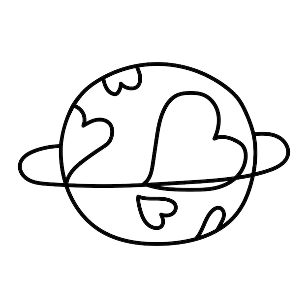 Un planeta en forma de corazón al estilo garabato. dibujo vectorial de contorno de un objeto espacial. asteroide, planeta del amor