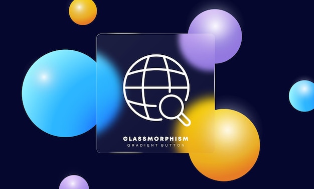 Planeta con icono de línea de lupa Búsqueda en línea de Internet viaje viaje mapa navegación geolocalización gps ubicación Concepto de tecnología Estilo Glassmorphism Icono de línea vectorial para negocios