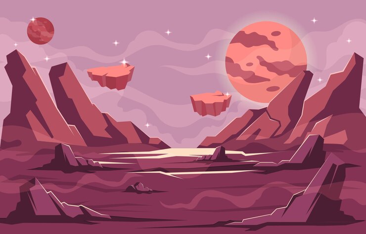 Vector planeta plano con la luna y las estrellas de fondo