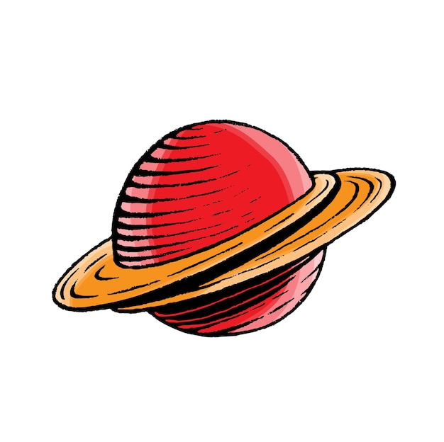 Planeta rojo y naranja Saturno con anillos Scratchboard Vector grabado