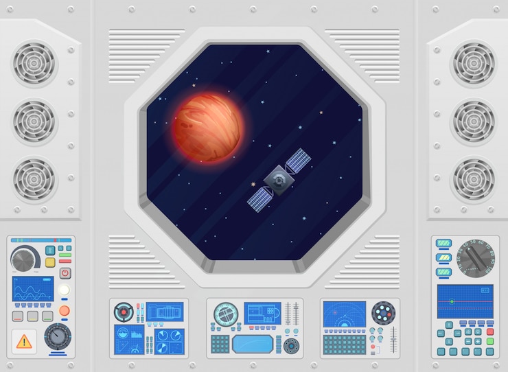 Vector planeta y satélite a través de la ventana de la nave espacial moderna con equipamiento técnico.