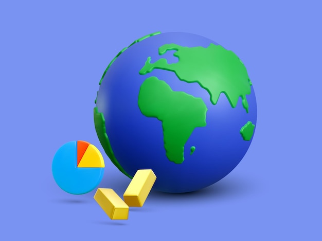 Planeta tierra 3d realista con barras de oro y gráfico redondo sobre fondo azul ilustración vectorial