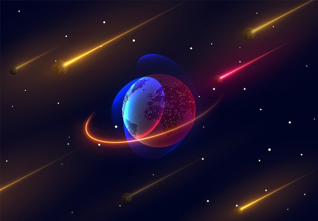 Planeta Tierra 3D realista, fondo abstracto con cometas y asteroides. ilustración vectorial