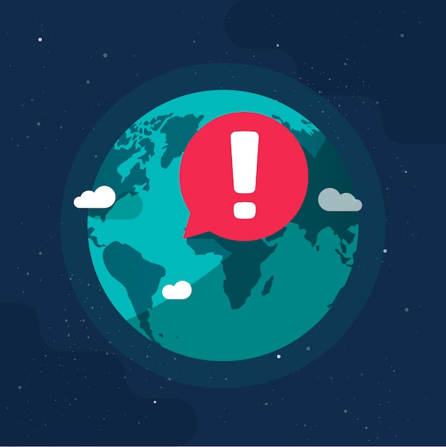 Planeta Tierra en avisos de precaución ambiental de epidemia de peligro global o advertencia de conflicto de guerra cantan en la ilustración de dibujos animados plana de globo terráqueo