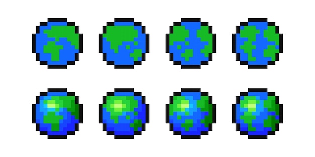 Planeta tierra en conjunto de vectores de estilo píxel colección de elementos de videojuegos globe pixelart