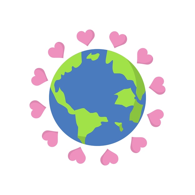 Planeta tierra con corazones alrededor de icono en estilo de color plano Diseño de amor global para la tierra y el medio ambiente