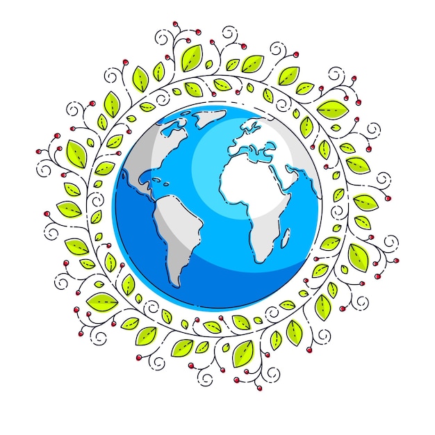 Planeta tierra con diseño floral de hojas verdes, emblema vectorial o ilustración aislada en blanco.