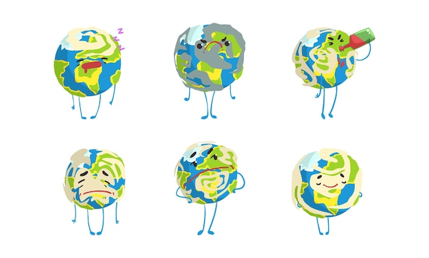 Planeta Tierra divertido en varias acciones Set Globo Personaje que muestra diferentes emociones Ilustración vectorial de dibujos animados
