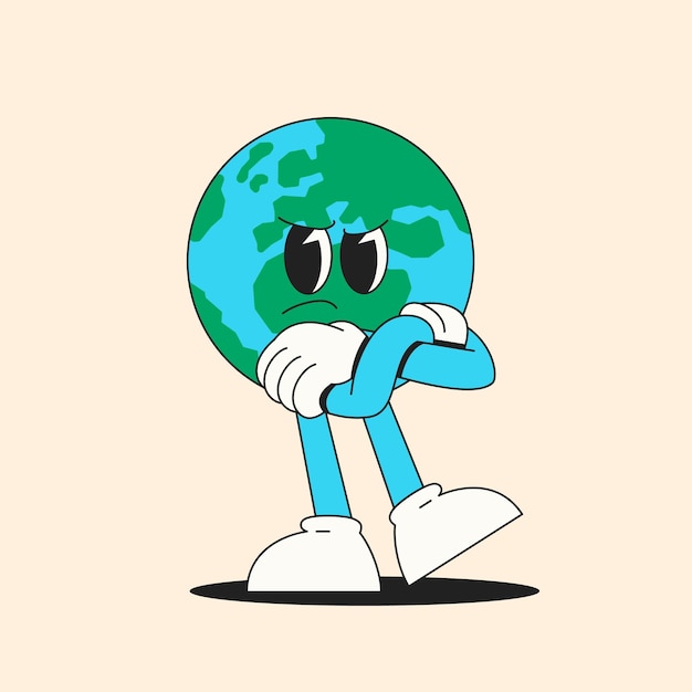Planeta Tierra Enfadado La Tierra cruzó los brazos en molestia personaje de estilo Retro de los años 70
