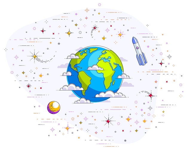 Planeta Tierra en el espacio rodeado de estrellas, cohetes, asteroides y otros elementos. Tierra pequeña en el cosmos sin fin. Ilustración de vector 3d de línea delgada aislado en blanco.