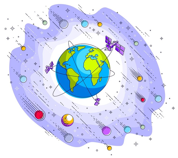 Vector planeta tierra en el espacio rodeado de satélites artificiales, estrellas y otros elementos. tema de tecnología de comunicación global. ilustración de vector 3d de línea delgada aislado en blanco.