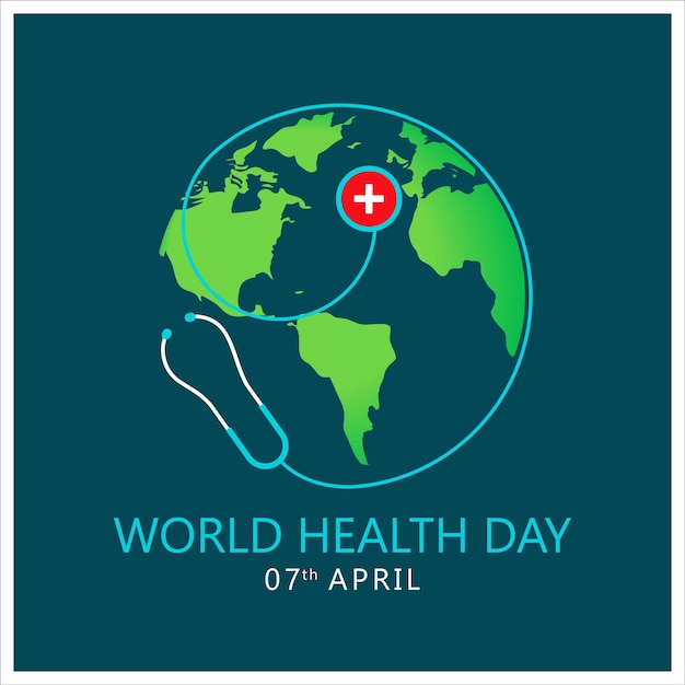 Planeta Tierra con estetoscopio Conmemorando el Día Mundial de la Salud 7 de abril Concepto del Día Internacional de la Salud Ilustración vectorial plana