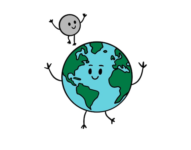 planeta tierra feliz y luna sonriente dibujos animados ilustración dibujada a mano planeta personaje para carteles postales impresiones ropa ropa