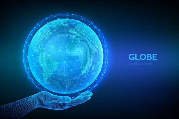 Planeta Tierra globo en mano de estructura metálica. Concepto de composición de punto y línea de mapa mundial de conexión de red global.