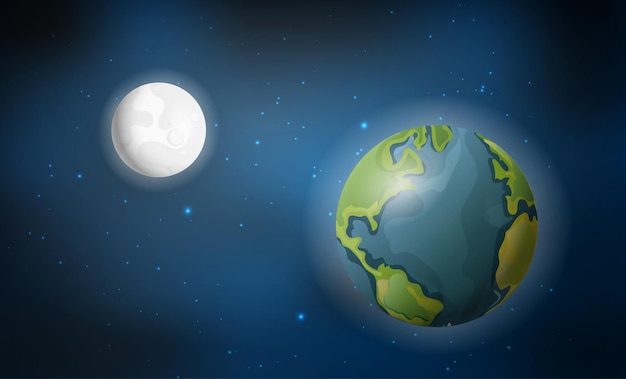 Vector planeta tierra y luna realistas entre las estrellas espacio ilustración vectorial detallada