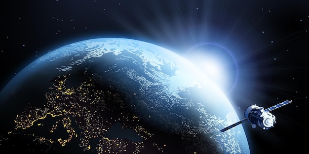 Planeta Tierra con satélite visto desde el vector espacial