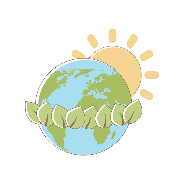 Vector planeta tierra sol y hojas asociaciones desarrollo sostenible día de la tierra y día mundial del medio ambiente concepto de ecología sostenible