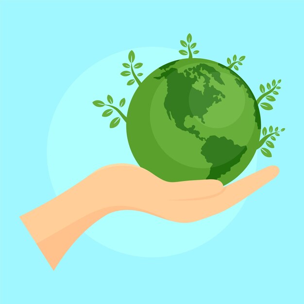 Planeta verde en el fondo de la mano Ilustración plana del planeta verde en la mano Fondo vectorial para diseño web