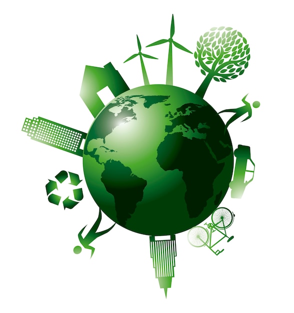 Planeta verde con iconos de ecología aislado ilustración vectorial