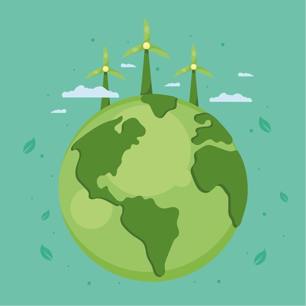 Planeta verde con molinos de viento