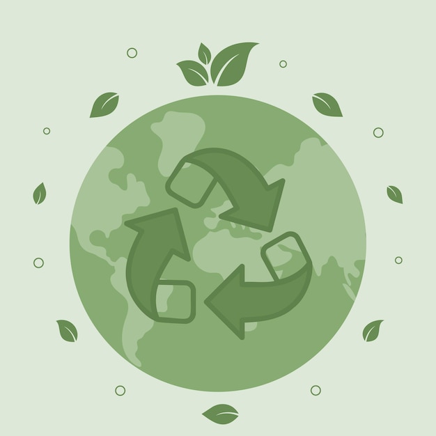 Vector planeta verde con símbolo de reciclaje apoyo al movimiento de residuos cero protección ambiental y vida ecológica dar a las cosas una segunda vida estilo de vida ecológico ecología ilustración vectorial plana