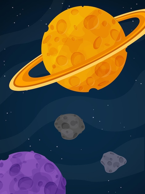 Planetas y asteroides coloridos de dibujos animados en un vibrante entorno espacial
