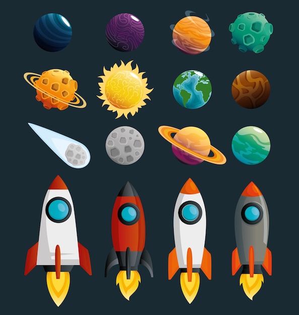 Planetas y cohetes de la escena del sistema solar