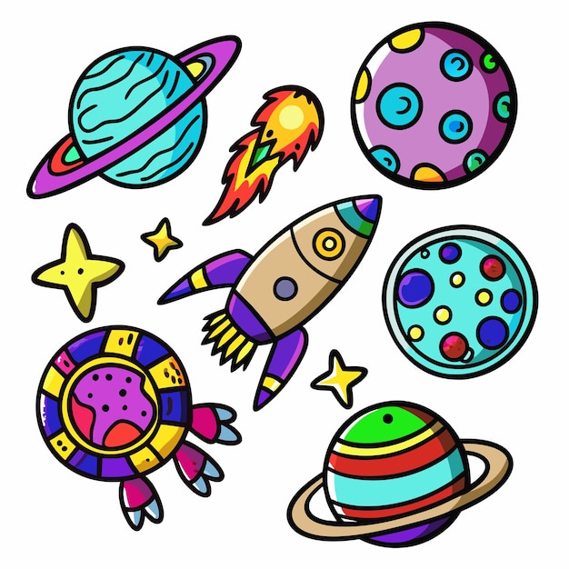 Planetas de dibujos animados coloridos estrellas cohete y set de cometas