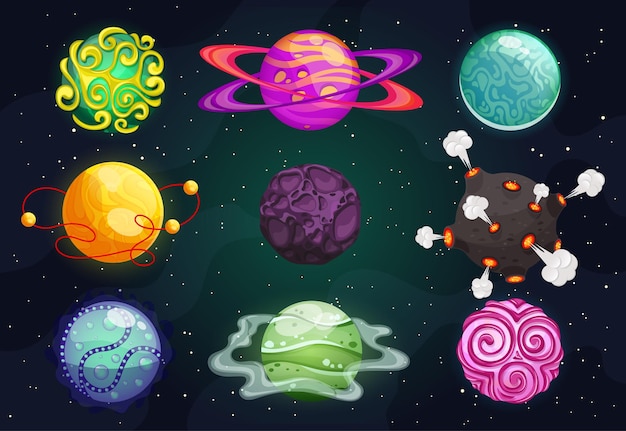 Planetas de dibujos animados coloridos planos. Elementos del espacio cósmico.