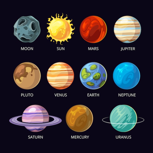 Vector planetas de dibujos animados del sistema solar establecidos en el fondo del espacio del cielo oscuro.