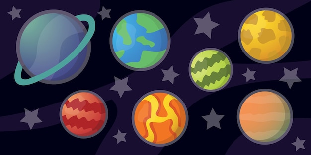 Vector los planetas espaciales establecen elementos del universo de planetas brillantes de fantasía galáctica colorida, objetos de dibujos animados vectoriales simples