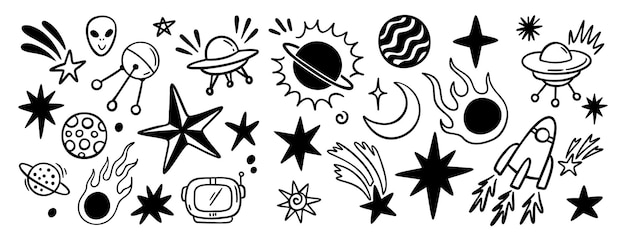 planetas espaciales estrellas y sol dibujado a mano conjunto de iconos dibujado contorno dibujo espacio signo línea colección de símbolos clipart