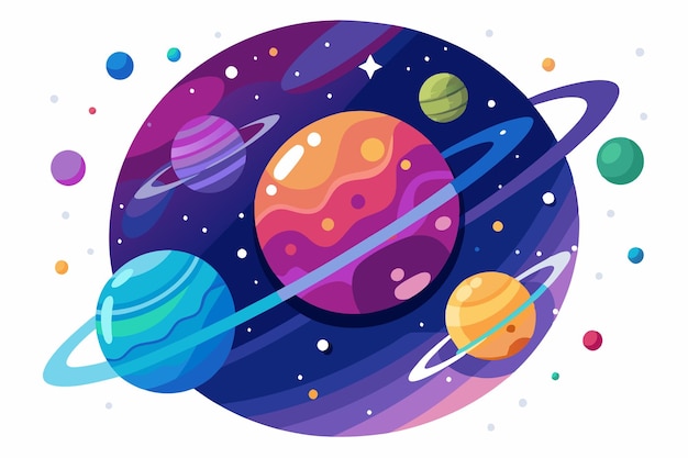 Planetas y estrellas de colores en un fondo oscuro del espacio