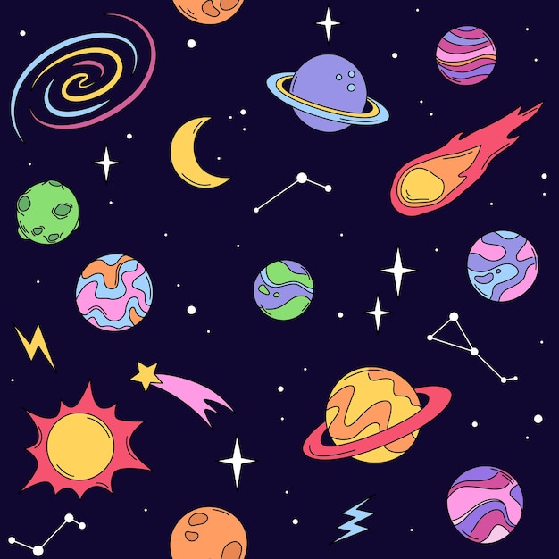 Planetas y estrellas espaciales fondo de patrón sin costuras dibujos de dibujos animados ilustraciones de garabateo vectorial