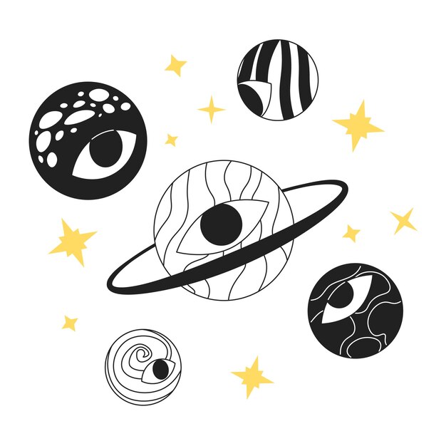 Planetas groovy con globo ocular en blanco y negro concepto de ilustración 2D planetas de ojo Trippy espacio cósmico escena de dibujo animado aislado visión del cosmos metáfora de galaxia psicodélica arte vectorial monocromo