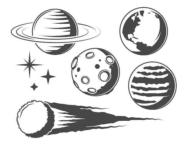 Vector planetas, objetos espaciales ilustraciones