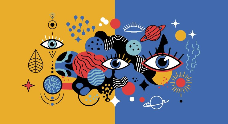 Planetas y ojos abstractos de visión cósmica