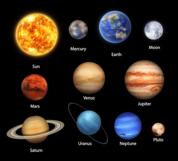 Vector planetas del sistema solar conjunto realista de espacio.