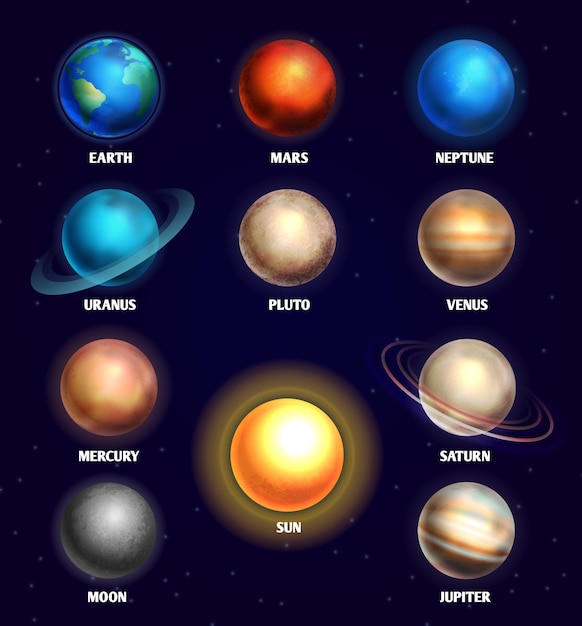 Vector planetas del sistema solar y educación solar.