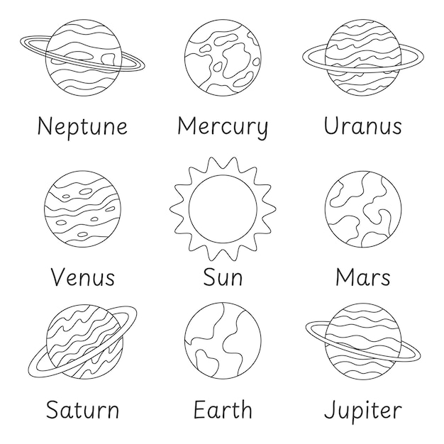 Planetas del sistema solar con nombres Ilustración vectorial