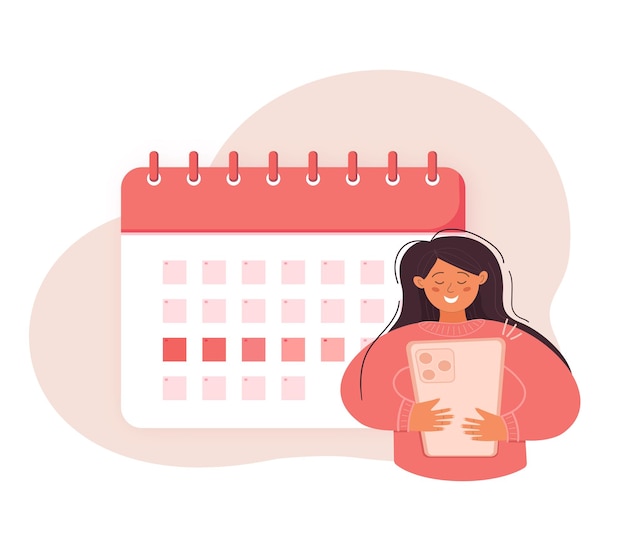 Vector planificación del calendario menstrual mujer que usa una aplicación de teléfono inteligente para rastrear el período