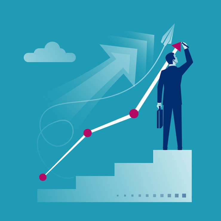 Vector planificación de carrera el empresario dibuja un gráfico de crecimiento de pie en los escalones de las escaleras