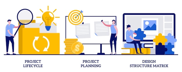 Vector planificación y ciclo de vida del proyecto, concepto de matriz de estructura de diseño con personas pequeñas. conjunto de casos de negocios. análisis empresarial, representación visual.